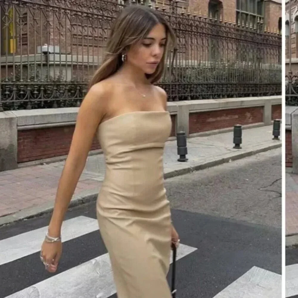 Zara Faux Leather Strapless Midi Dress Beige Blogger  Fav Size Small - Picture 6 of 15